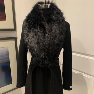 CALVIN KLEIN Faux Fur Collar Charcoal Grey Black Belted Wrap Coat NEW Womens